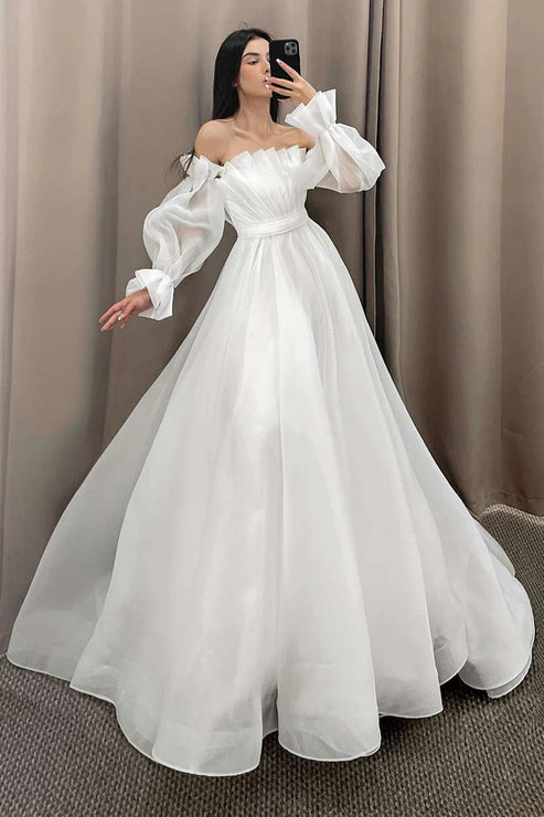 Luolandi Off the Shoulder Pleated A-Line Long Wedding Dress with Sleeves Beautiful