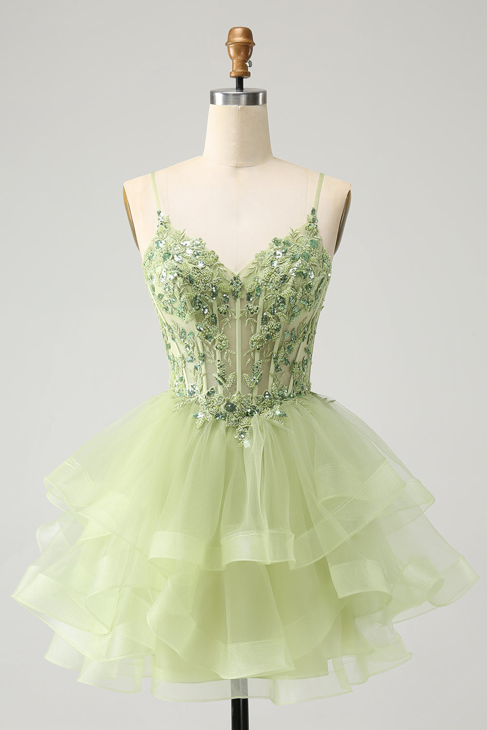 Luolandi Sparkly Light Green A Line Spaghetti Straps Corset Short Tiered Homecoming Dress Party Dress