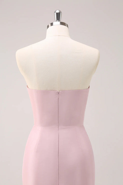 Luolandi Pink Strapless Asymmetrical Ruffled Bridesmaid Dress Off Shoulder Party Dress