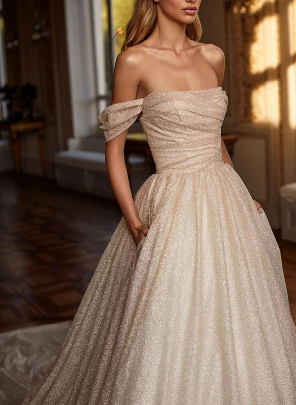 Luolandi Off-Shoulder Sequined Court Train Wedding Dress Floor Length Elegant With Pockets Sparkly