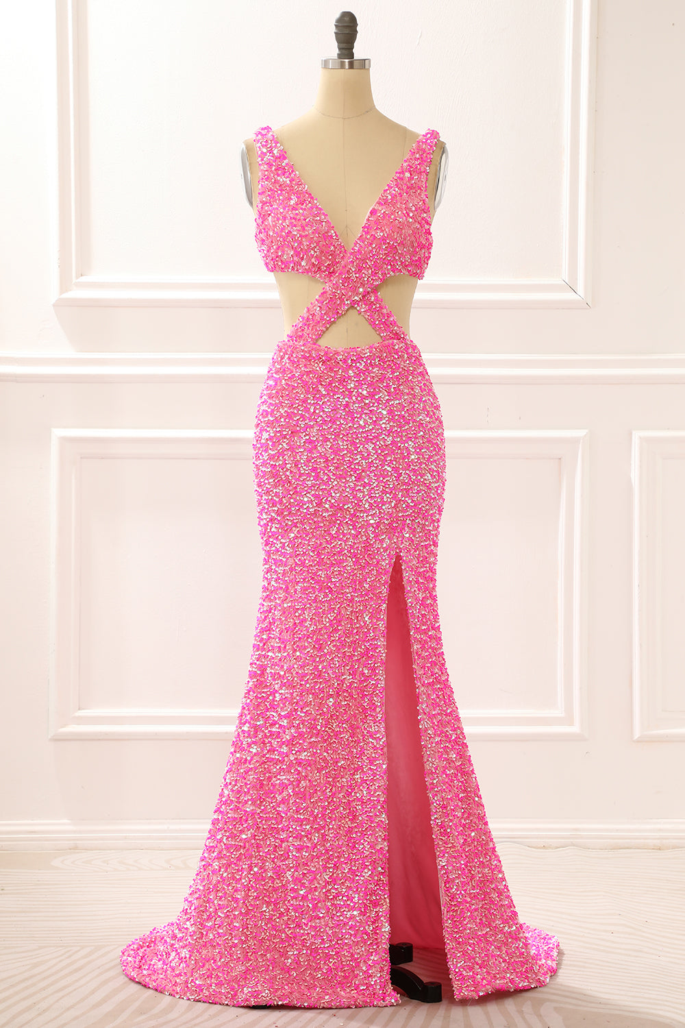 Luolandi Hot Pink Mermaid Sparkly Prom Dress With Slit V-neck Sparkly Evening Dress