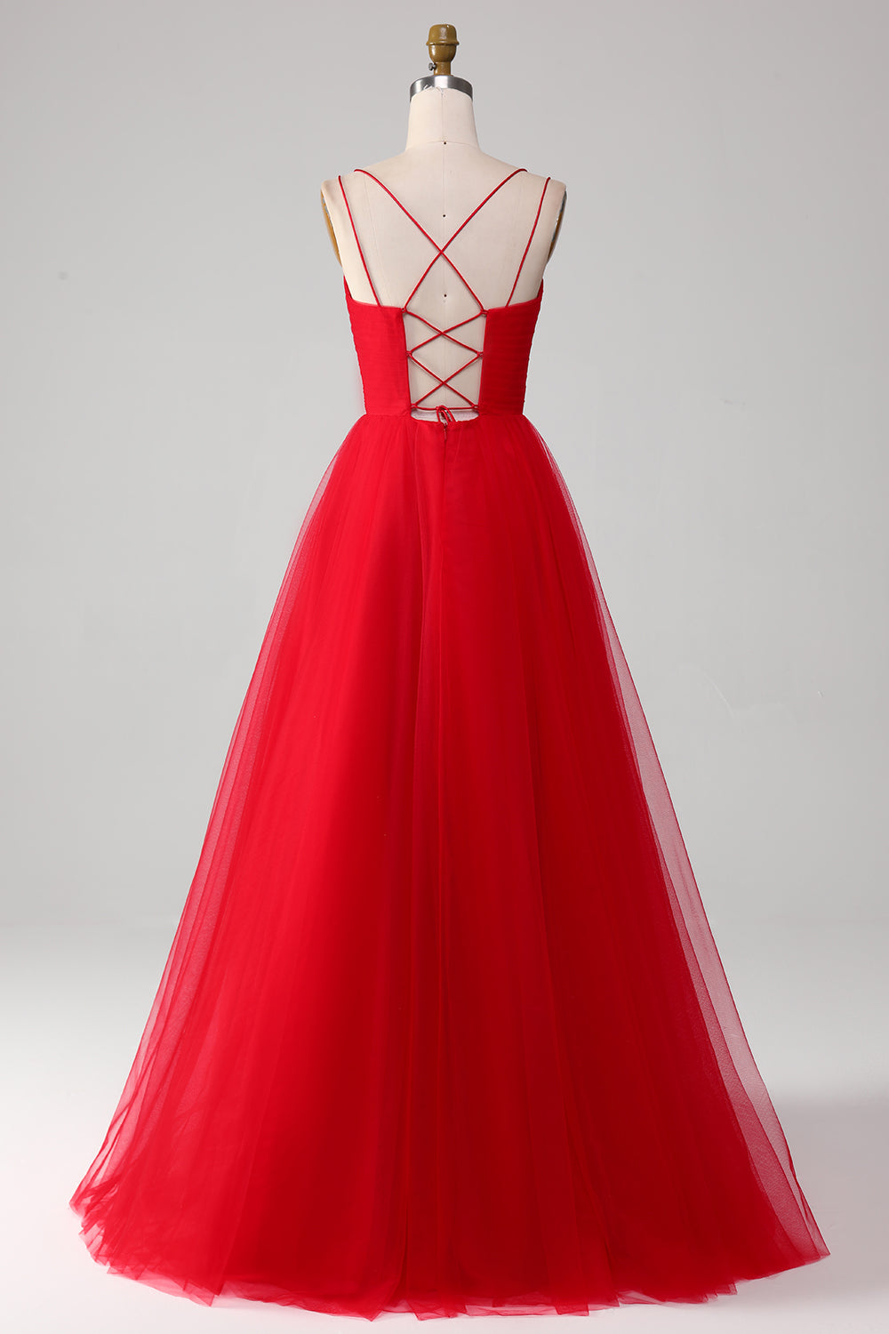 Luolandi Red Ball-Gown/Princess V-Neck Tulle Pleated Long Prom Dress Solid Color