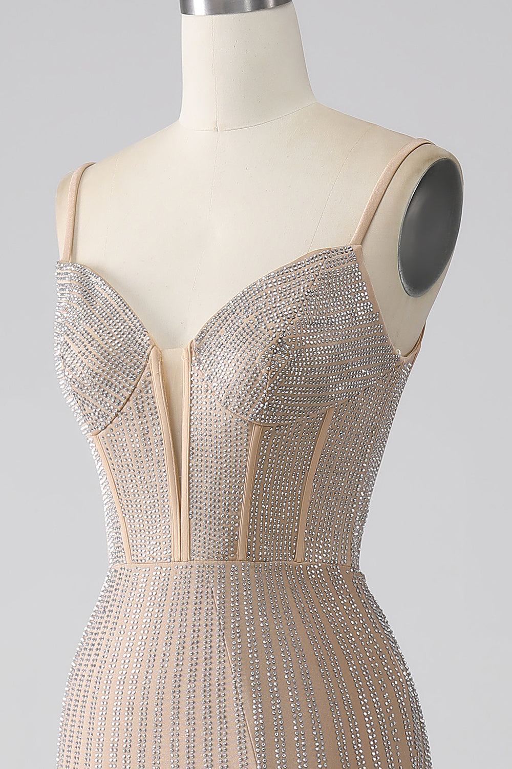 Luolandi Champagne Mermaid Beaded Spaghetti Straps Long Prom Dress Sparkly Evening Dress