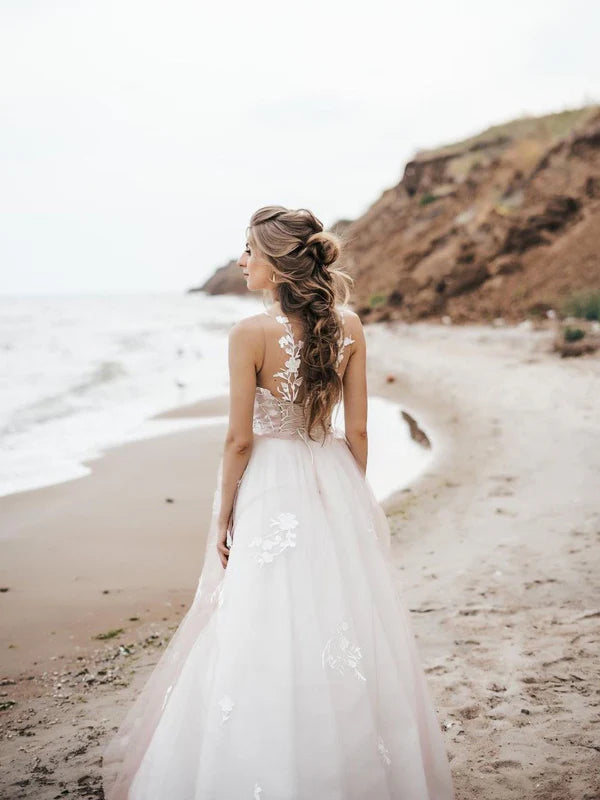 Luolandi Elegant Tulle Illusion A-line Wedding Dresses Appliques Bridal Gowns Beautiful