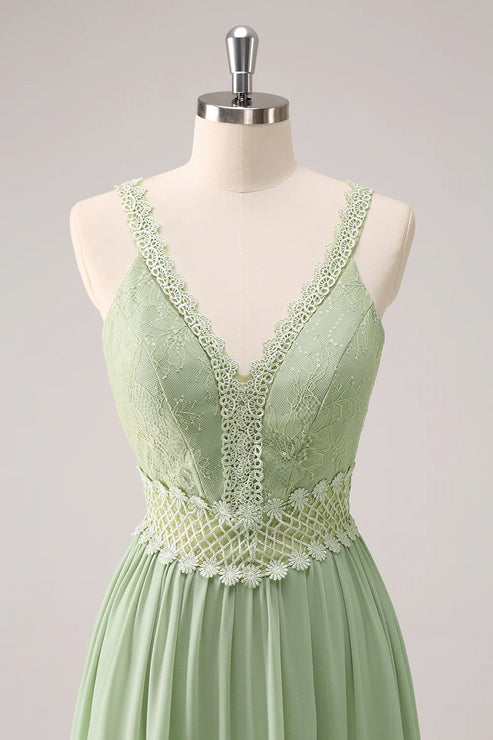 Luolandi Green Ruffled Floral Bridesmaid Dress with Lace Floor Length Party Dress
