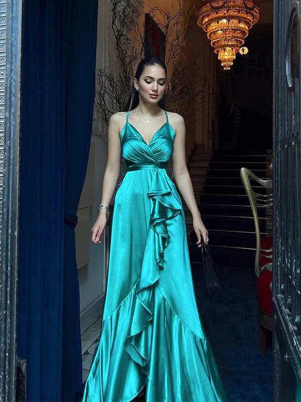 Luolandi Elegant Green Spaghetti Straps V-neck A-line Long Prom Dress Charming Evening Party Dress