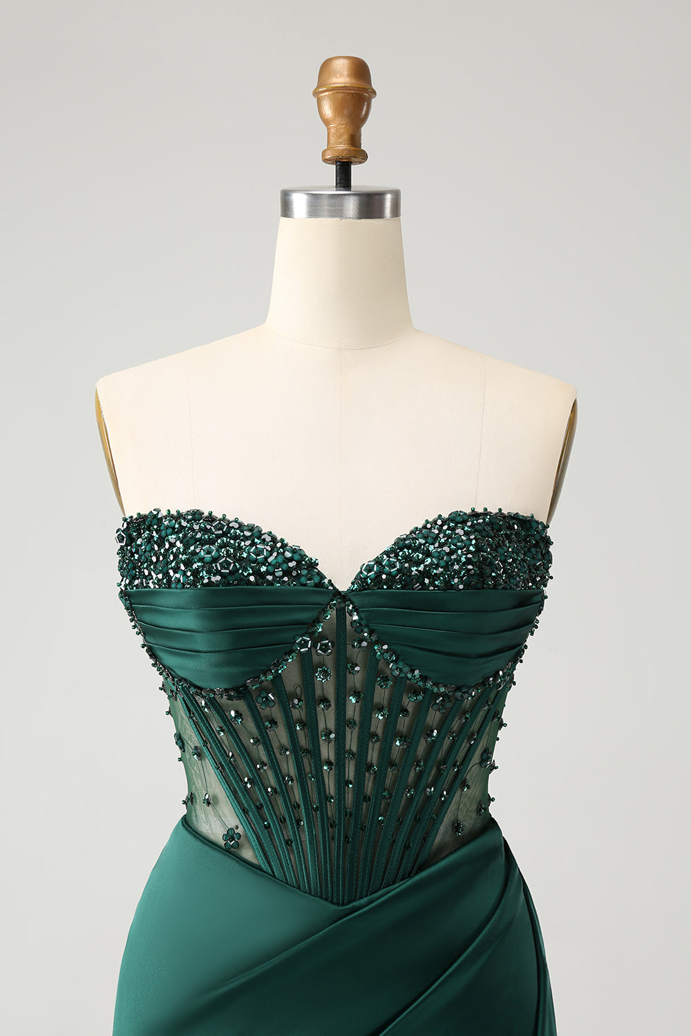 Luolandi Dark Green Mermaid Beaded Corset Strapless Long Prom Dress With Slit Sexy Evening Dress
