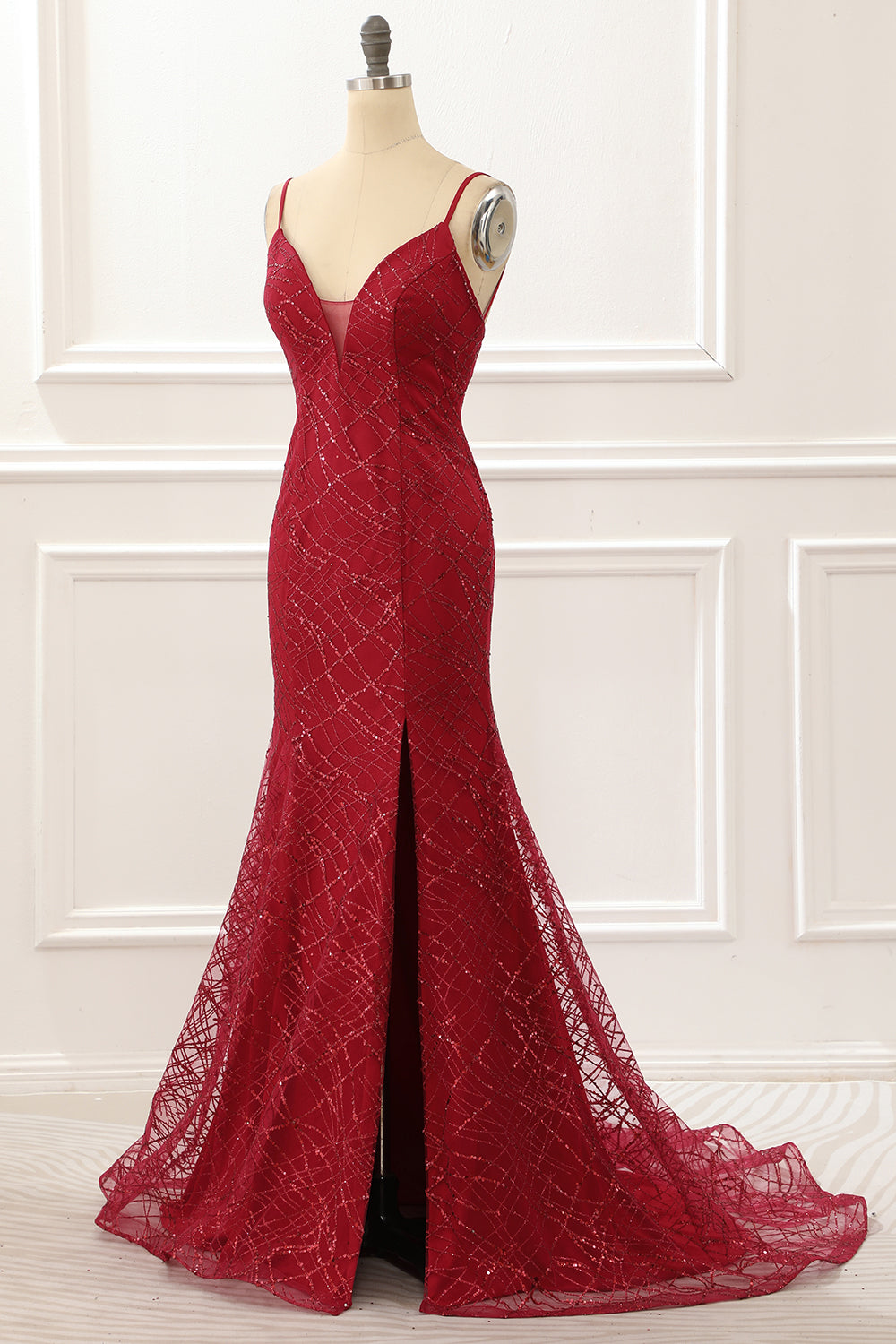 Luolandi Dark Red Saprkly Mermaid Prom Dress With Slit Floor Length Sexy Evening Dress