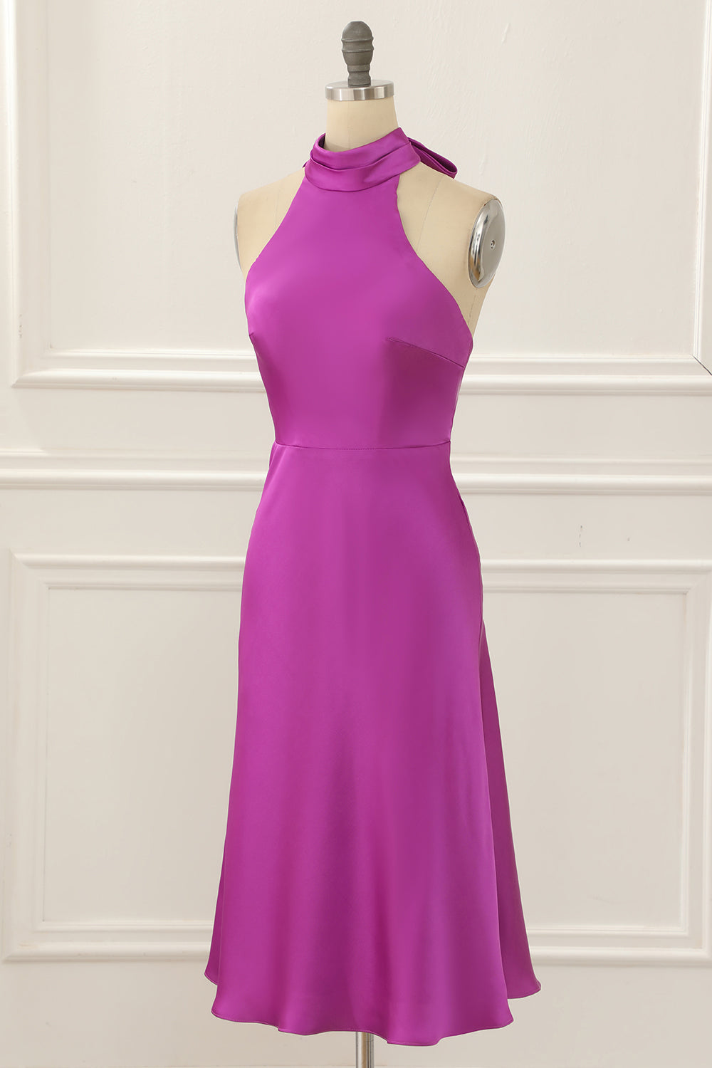 Luolandi Satin Halter Short Simple Prom Dress Solid Color Bridesmaid Dress Party Dress
