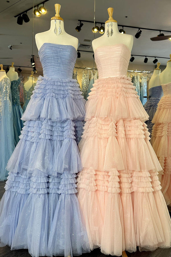 Luolandi A-Line Strapless Tulle Long Prom Dress with Tiered Ruffles Off Shoulder Evening Dress
