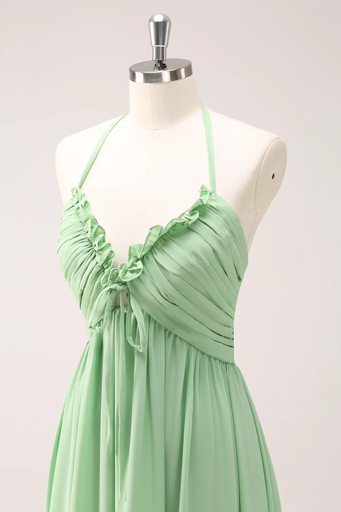 Luolandi Light Green A Line Halter Backless Lace Up Long Bridesmaid Dress Party Dress