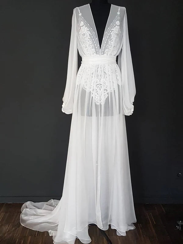 Luolandi Amazing Illusion Chiffon V-Neck Long Sleeves A-line Wedding Dresses Lace Bridal Gowns Sexy
