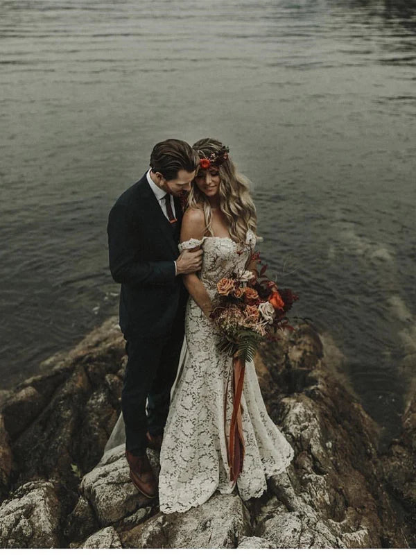 Luolandi Exquisite Lace Wedding Dresses Cap Sleeves Mermaid Bridal Dress Off Shoulder Elegant