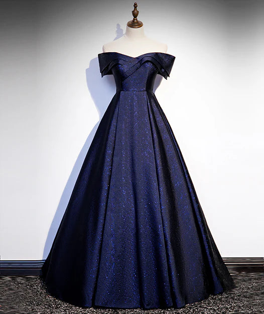 Luolandi Navy Blue Satin Off Shoulder Long Prom Dress A-line Formal Dress Evening Dress Elegant