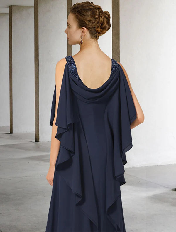 Luolandi A-Line Mother of the Bride Dress Plus Size Elegant V Neck Floor Length Chiffon Short Sleeve with Beading