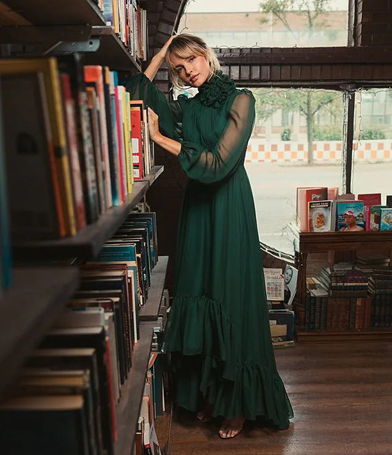 Luolandi Chiffon 3D Flower Turtle Neck Illusion Long Balloon Sleeve Ruffle Hem High Low Gown Cocktail Dresses Evening Dress