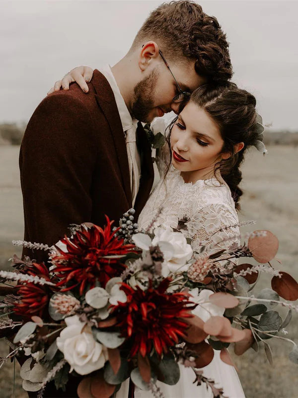 Luolandi Modest Tulle A-line Wedding Dresses Country With Sleeves Gowns Elegant