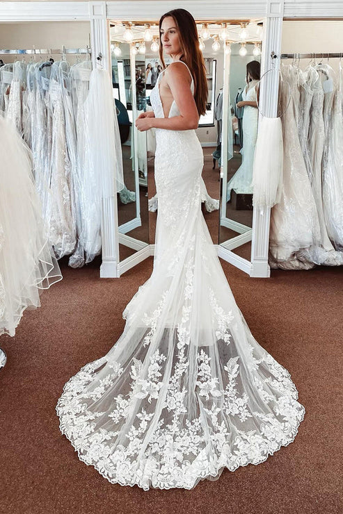 Luolandi Lace Mermaid Backless Long Wedding Dress V-neck Sexy