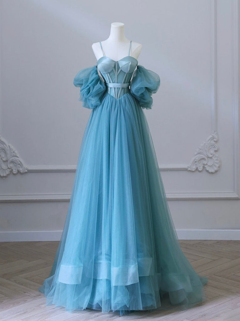 Luolandi A-Line Sweetheart Neck Tulle Blue Long Prom Dress Formal Dress Elegant december wedding guest dress