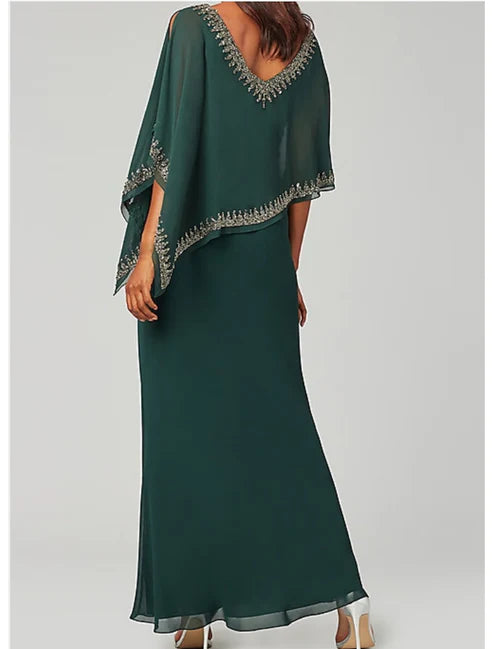 Luolandi Sheath / Column Mother of the Bride Dress Plus Size Elegant V Neck Floor Length Chiffon Half Sleeve