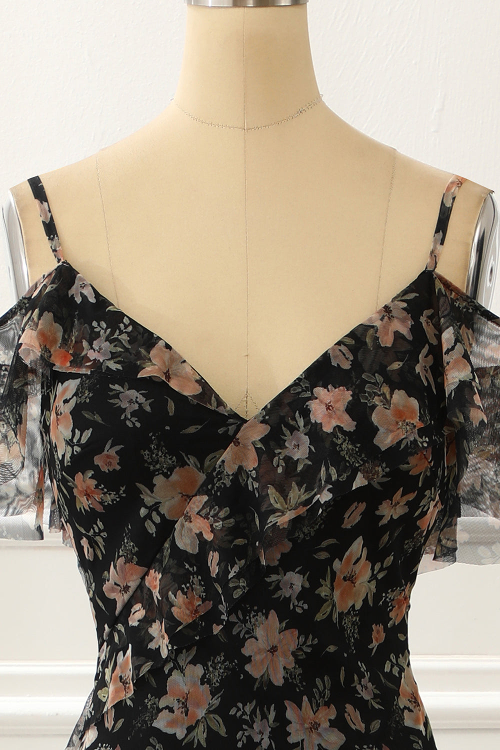 Luolandi Off The Shoulder Black A Line Prom Dress With Floral V-neck Floor Length