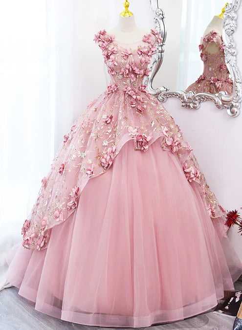 Luolandi Pink Flowers Round Neckline Floor Length Sweet 16 Dress Long Formal Dress Prom Dress With Flowers