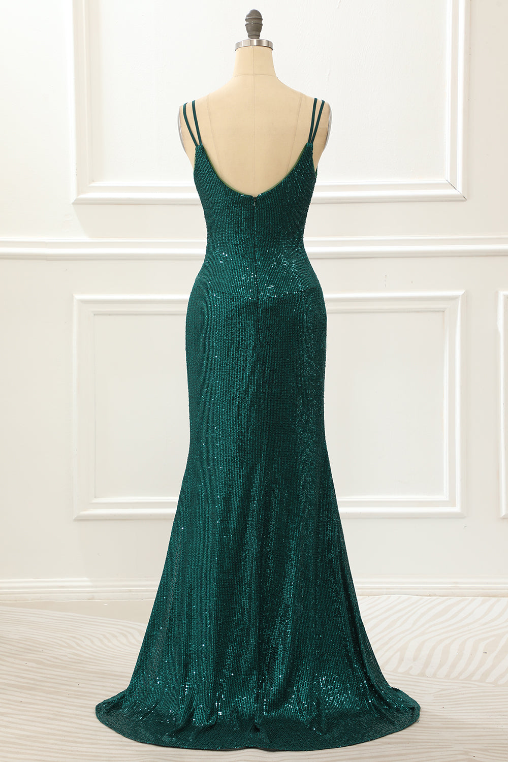 Luolandi Dark Green Spaghetti Straps Saprkly Prom Dress With Slit V-neck Evening Dress