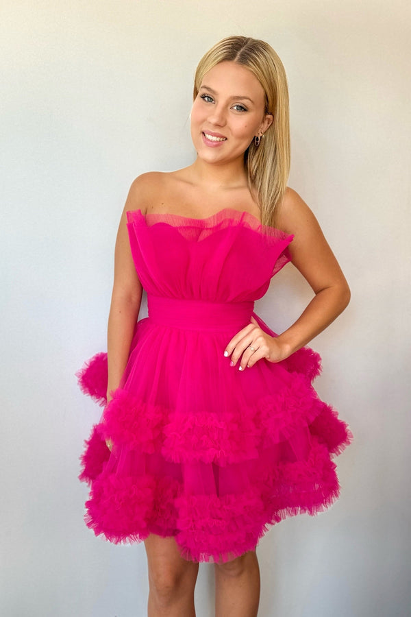 Luolandi Fuchsia Strapless Tiered Tulle Short Homecoming Dresses Off Shoulder