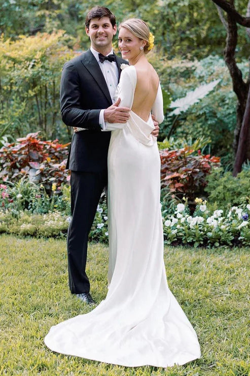 Luolandi Sheath Backless Long Sleeves Soft Satin Wedding Dresses Open Back Elegant