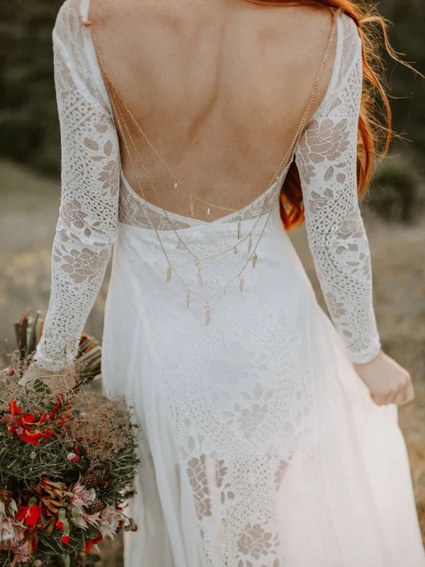 Luolandi Fabulous Backless Lace Illusion Longsleeves Wedding Dresses A-Line Bridal Gown Excluding the decorative chain on the back