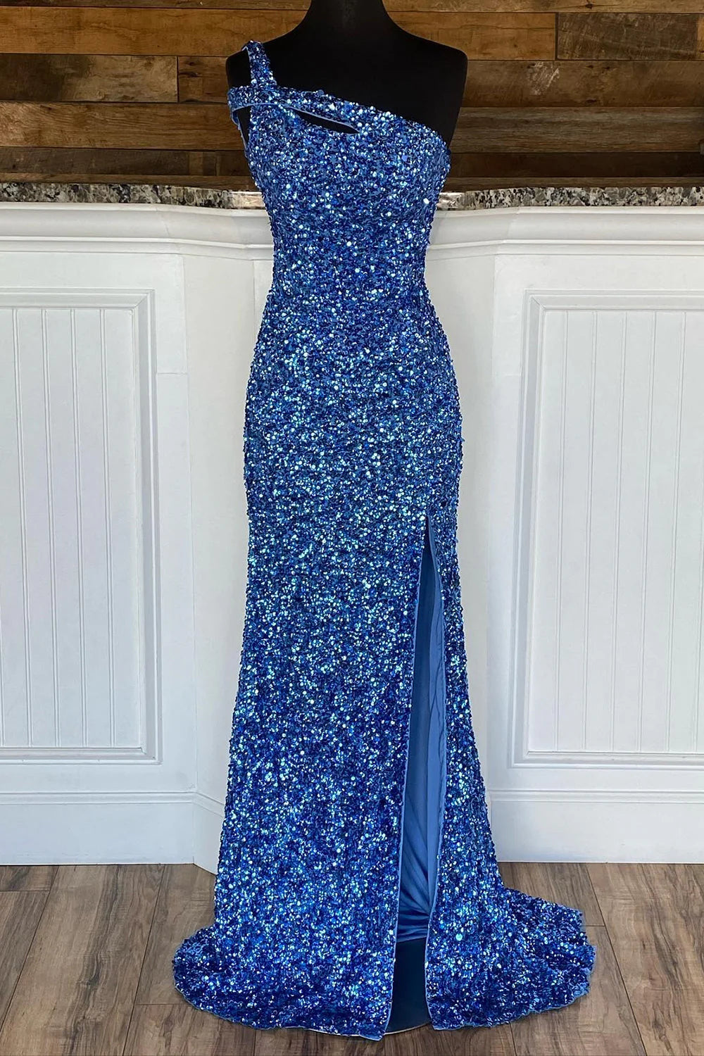 Luolandi Blue Evening Dress One Shoulder Mermaid Sequin Prom Dress Sparkly With Slit