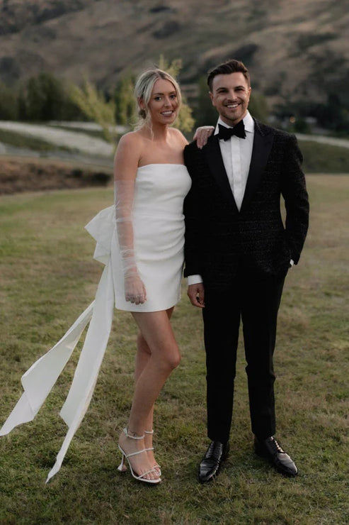 Luolandi Strapless Satin Short Wedding Dresses with Bow Off Shoulder Simple Beautiful