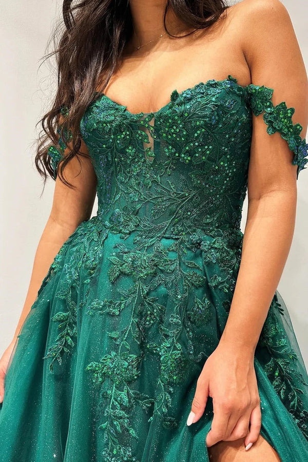 Luolandi Glitter Emerald Appliques Off-the-Shoulder A-Line Long Prom Dress With Slit