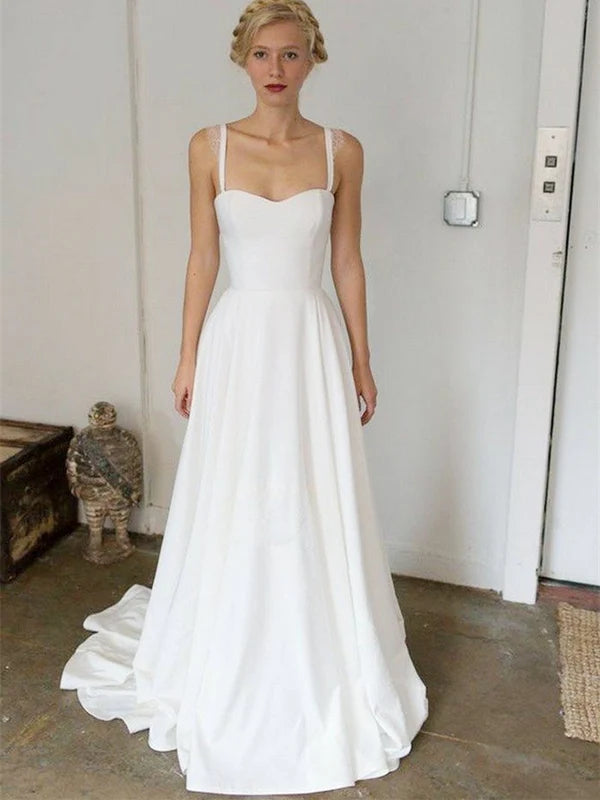 Luolandi Simple Satin Spaghetti Straps Neckline Sweep Train A-line Wedding Dresses Elegant