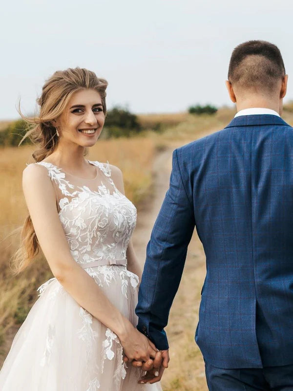 Luolandi Elegant Tulle Illusion A-line Wedding Dresses Appliques Bridal Gowns Beautiful