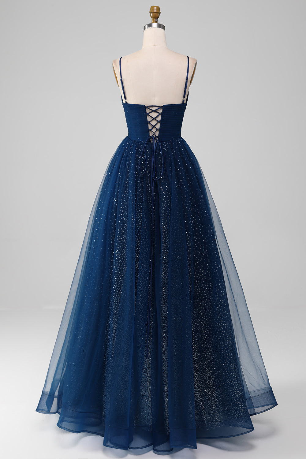 Luolandi Navy Ball-Gown Spaghetti Straps V-Neck Long Beaded Tulle Prom Dresses Sparkly