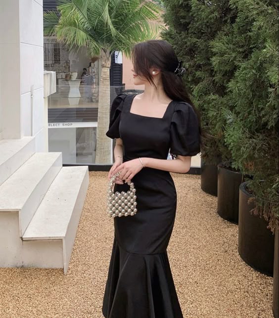 Luolandi Dress Puff-Sleeve Square-Neck Mermaid Formal Dress Vintage Black Elegant Evening Party Dress