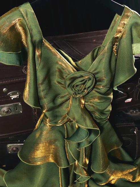 Luolandi Green Ruffles A-Line Vintage Long Prom Dress Maxi Dress Party Dress Evening Dress