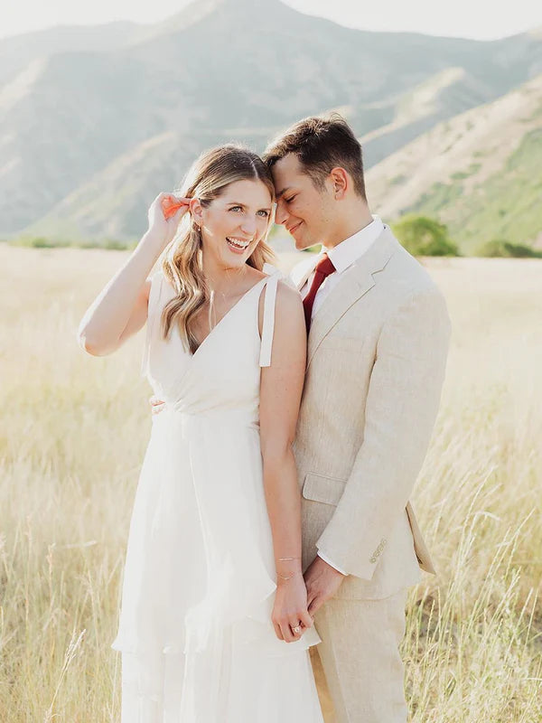 Luolandi Elegant Chiffon V-Neck A-line Sweep Train Wedding Dresses Solid Color With Bow(s)