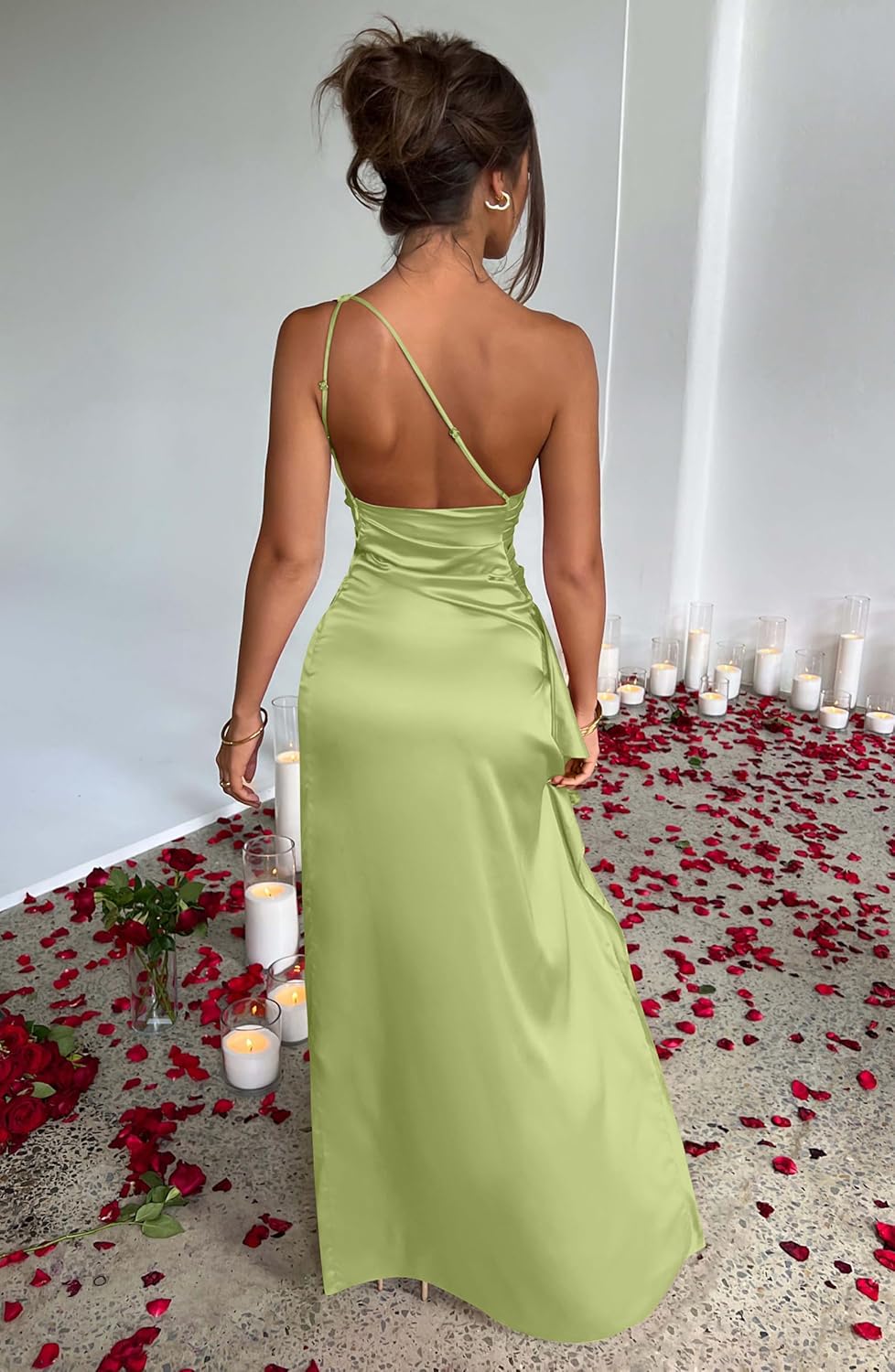 Luolandi Sage Green One Shoulder Wedding Guest Dress Bridesmaid dress Simple Party Dress With Slit