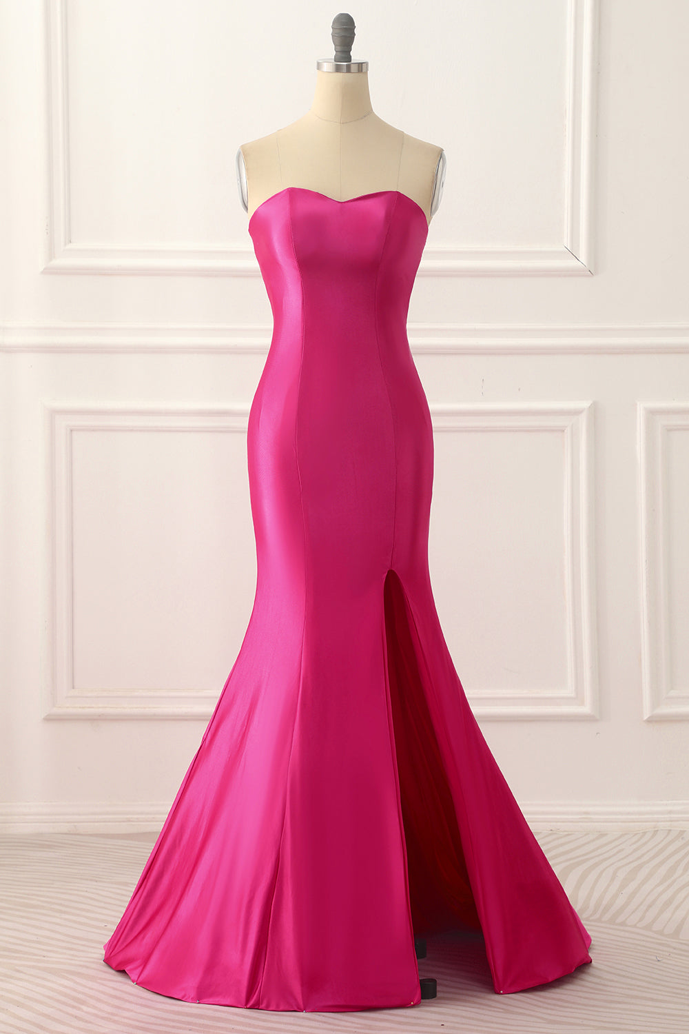 Luolandi Fuchsia Satin Mermaid Prom Dress With Split Front Off Shoulder Sexy Evening Dress