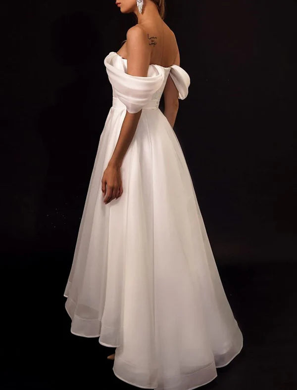 Luolandi Little Dresses Wedding Dresses A-Line Off Shoulder Cap Sleeve Asymmetrical Organza Bridal Gowns