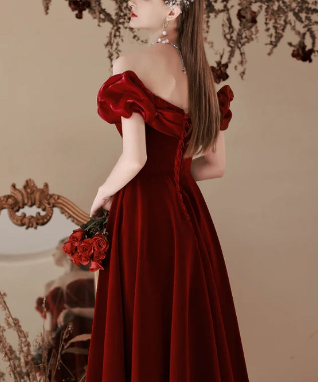 Luolandi Wine Red Velvet Beaded Off Shoulder Sweetheart Prom Dress Bridesmaid Dress Elegant Evening Dress