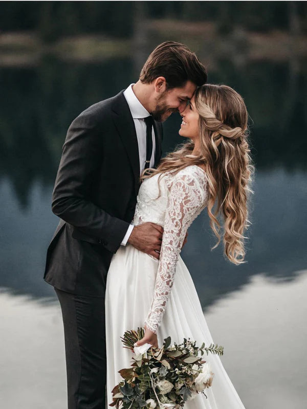 Luolandi Two Pieces Wedding Dresses Lace Long Sleeves A-line Bridal Gowns Elegant
