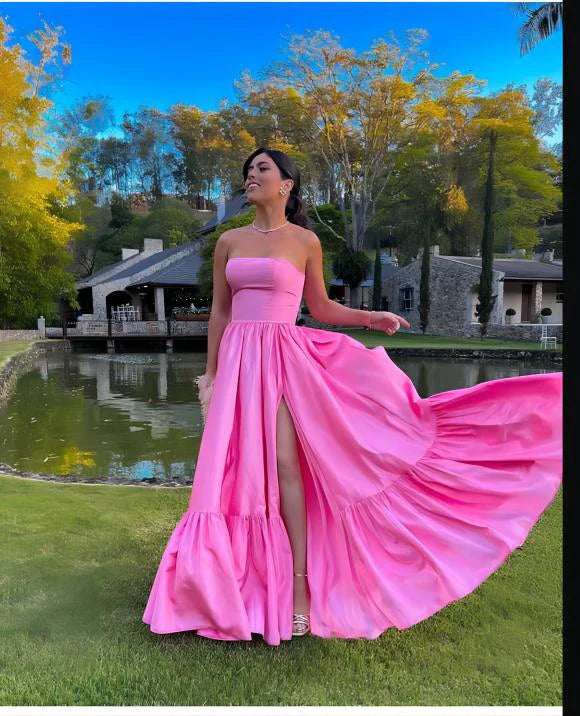 Luolandi Classic Strapless Pink A-Line Off Shoulder Prom Dresses Formal Party Gown With Slit