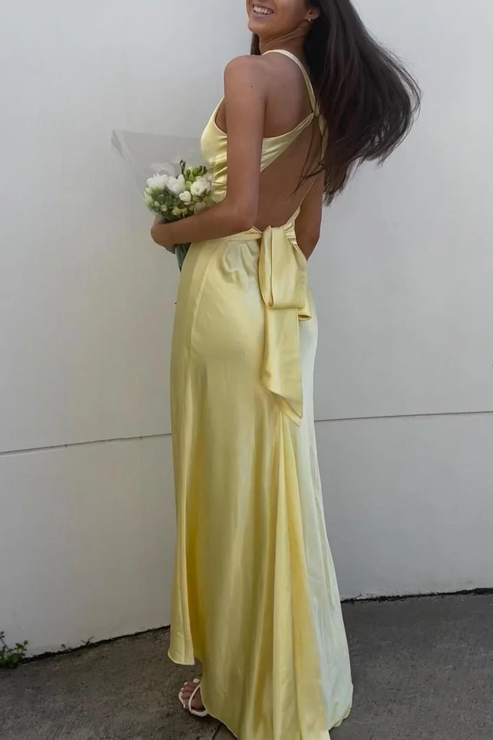 Luolandi Yellow V Neck Backless Elegant Party Dress Wedding Guest Dress Sexy Evening Dress