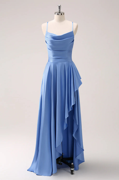 Luolandi Blue Cowl Neck Satin Asymmetrical Bridesmaid Dress with Slit Party Dress