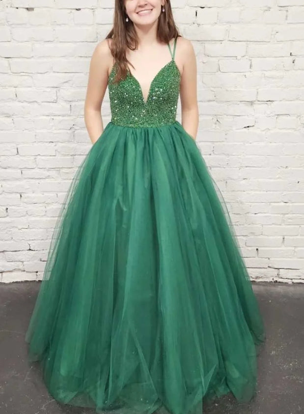 Luolandi Green Tulle Sequin Lace-Up Back A-Line Prom Gown Floor Length Charming Evening Dress