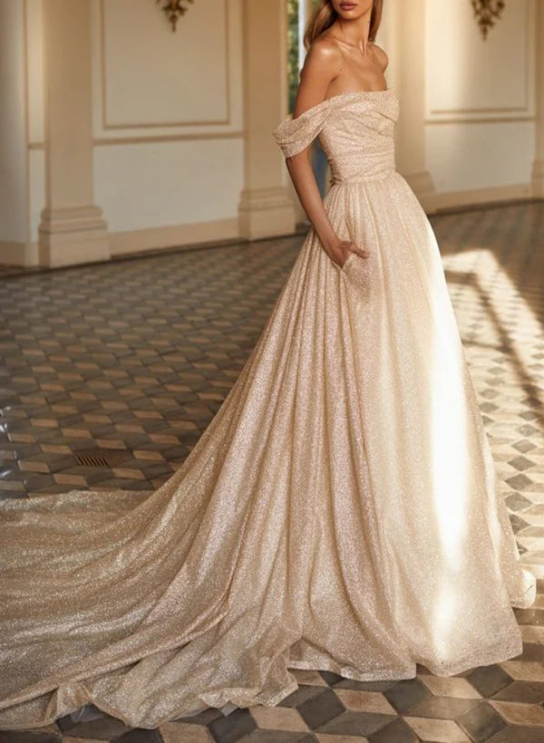 Luolandi Off-Shoulder Sequined Court Train Wedding Dress Floor Length Elegant With Pockets Sparkly