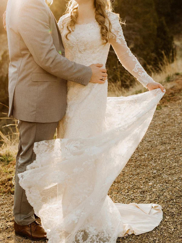 Luolandi Elegant Long sleeves Lace Wedding Dresses with Appliques Charming Bridal Gowns